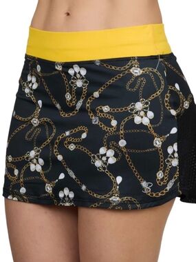 SOFIBELLA Black Chain & Gem Print Tennis Skort with Mesh Insert Yellow Waistband